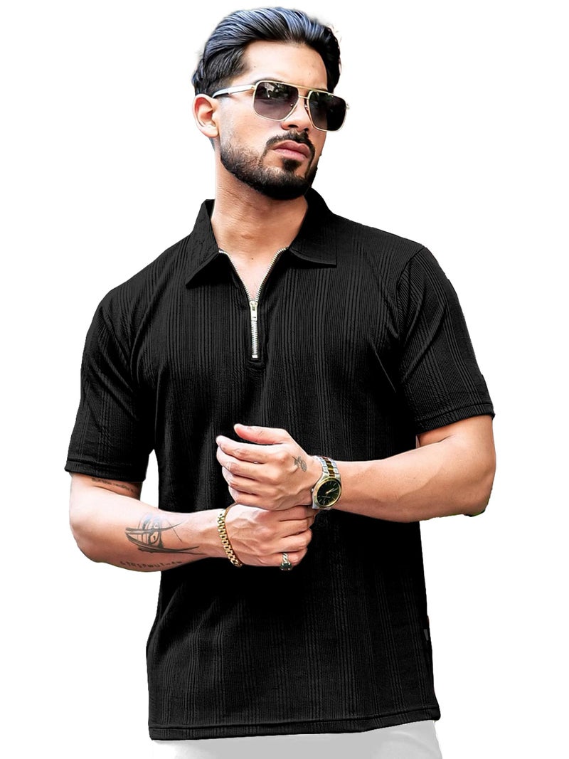 KAJARU Men's 95% Polyster 5% Cotton Regular Fit Polo T-Shirt with Short Sleeve and Zipper as Closure (POLO-8015-BLACK-XXL) - Image 1