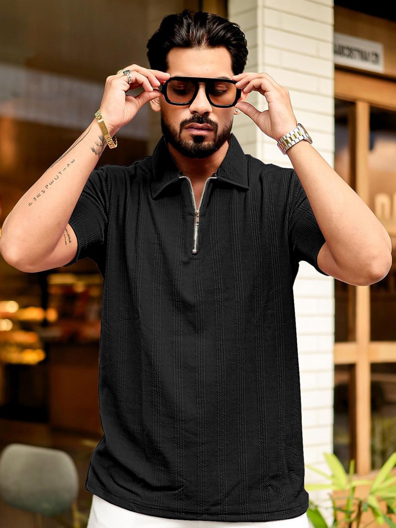 KAJARU Men's 95% Polyster 5% Cotton Regular Fit Polo T-Shirt with Short Sleeve and Zipper as Closure (POLO-8015-BLACK-XXL) - Image 4