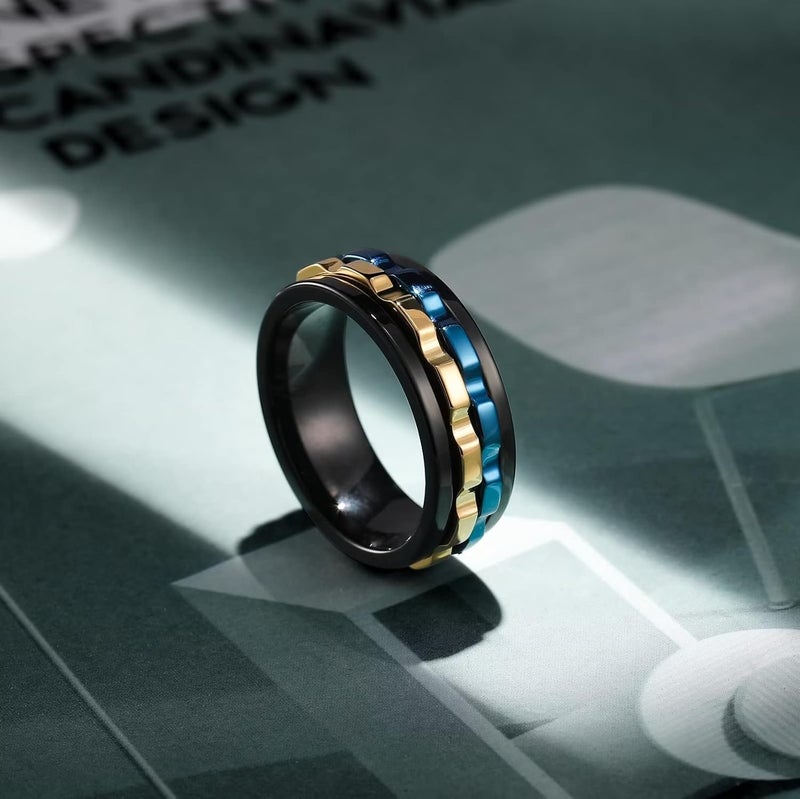 King Will Mens Boys Black Gear Spinner Rings Stainless Steel Fidgets Two Black Gear Fidget Ring Anxiety Ring For Men Women Toy Stress Free Cool Wedding Band - Image 2