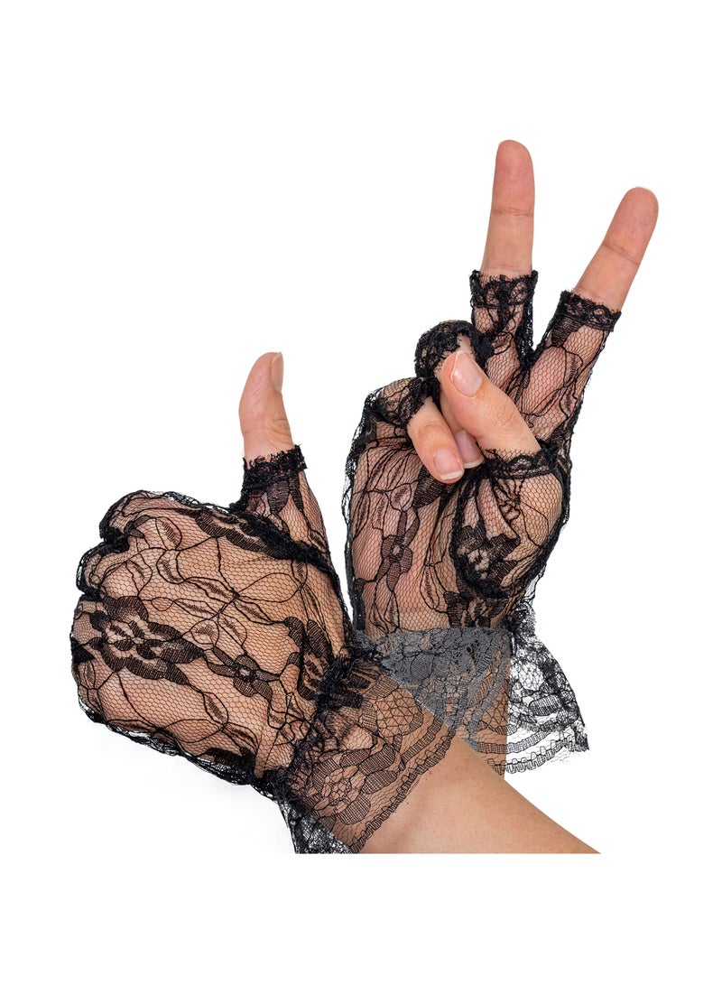 SOLARAE Lace Gloves, Fingerless Lace Black Gloves, Women Lace Glove, Short Lace Glove, Ladies and Girls Ruffled Lace Finger Free Bridal Wrist Gloves, Floral Courtesy Lace Glove for Wedding Tea - Image 1