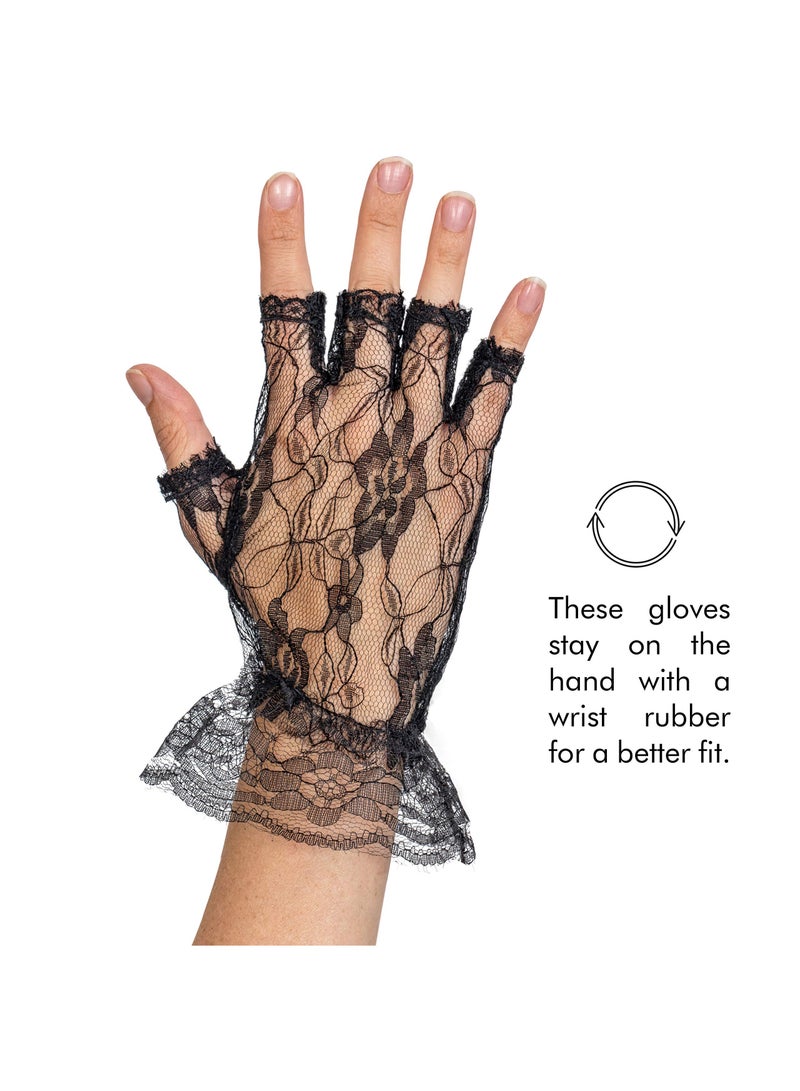 SOLARAE Lace Gloves, Fingerless Lace Black Gloves, Women Lace Glove, Short Lace Glove, Ladies and Girls Ruffled Lace Finger Free Bridal Wrist Gloves, Floral Courtesy Lace Glove for Wedding Tea - Image 4