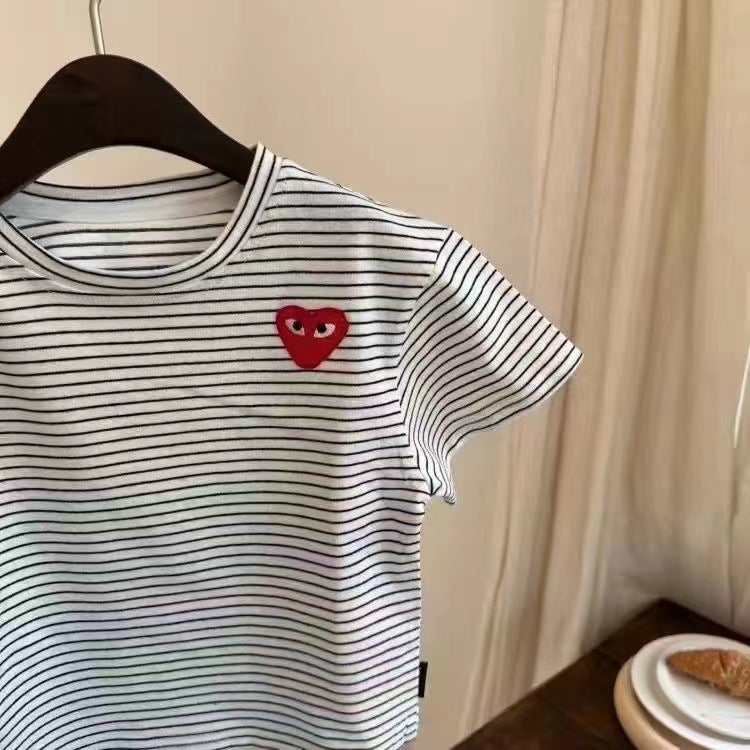 Children'S Short-Sleeved 2025 Summer Japanese Style Trendy Brand Love Cotton Bottoming Striped Trendy T-Shirt For Boys And Girls - Image 1