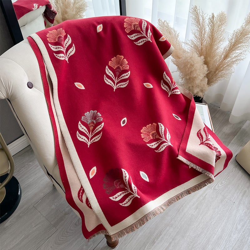 Autumn and Winter Plant Fresh Flower Printing Simple High-end Womens Cashmere Warm Scarf Shawl Scarf Green