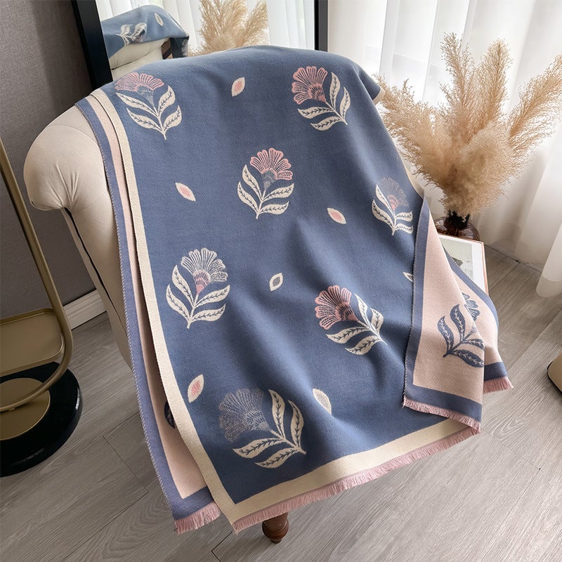 Autumn and Winter Plant Fresh Flower Printing Simple High-end Womens Cashmere Warm Scarf Shawl Scarf Green