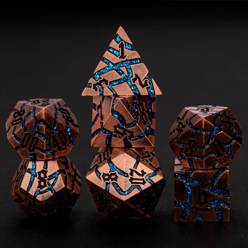 Maywin Cracked Rune Metal Dice Set for DND RPG Dark Fantasy Fractured Design Premium Heavy Metal Polyhedral Dice with Deep Engraved Numbers 7Piece Set Blue Arcane Vein - Image 3