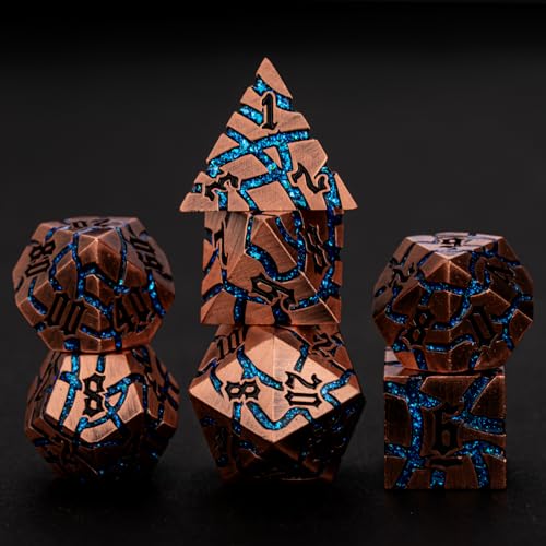 Maywin Cracked Rune Metal Dice Set for DND RPG Dark Fantasy Fractured Design Premium Heavy Metal Polyhedral Dice with Deep Engraved Numbers 7Piece Set Blue Arcane Vein - Image 1