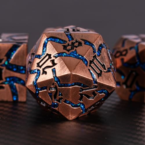 Maywin Cracked Rune Metal Dice Set for DND RPG Dark Fantasy Fractured Design Premium Heavy Metal Polyhedral Dice with Deep Engraved Numbers 7Piece Set Blue Arcane Vein - Image 5