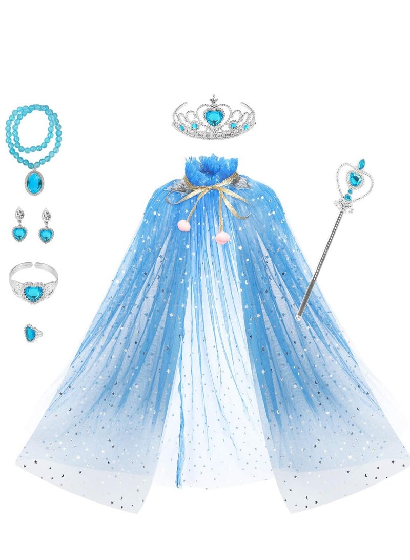 Excefore Princess Cape Set 7 Pieces Girls Princess Cloak with Tiara Crown, Wand for Little Girls Dress up - Image 1