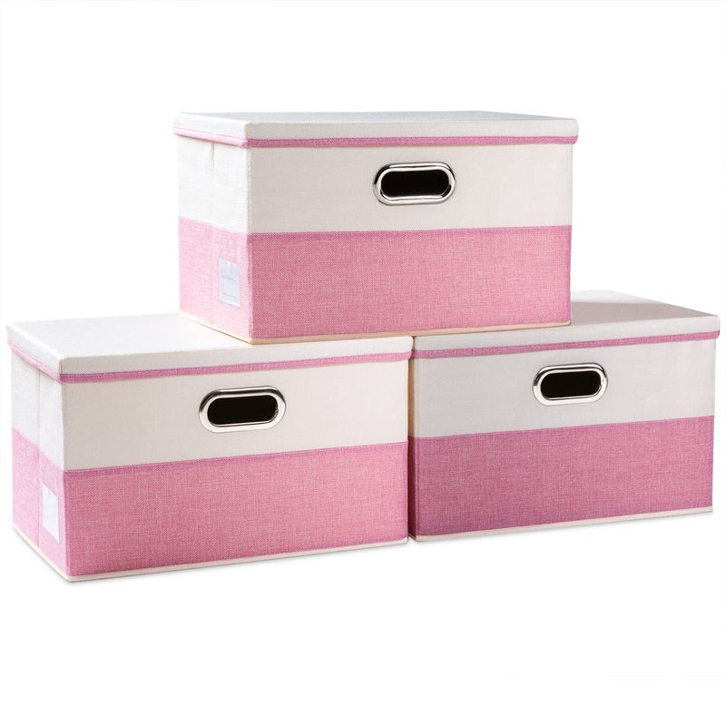 PRANDOM Large Collapsible Storage Bins with Lids 3Pack Fabric Foldable Storage Boxes Organizer Containers Baskets Cube with Cover for Home Bedroom Closet Office PinkCream177x118x118