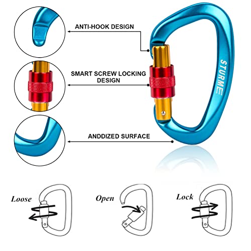 STURME UIAA Certified Climbing Carabiner Clips, 2 Pack 25KN(5623lbs) Screwgate Locking Carabiner Heavy Duty Caribeener Clips, Large Carabiner D Ring for Rock Climbing & Mountaineering - Image 3