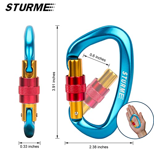 STURME UIAA Certified Climbing Carabiner Clips, 2 Pack 25KN(5623lbs) Screwgate Locking Carabiner Heavy Duty Caribeener Clips, Large Carabiner D Ring for Rock Climbing & Mountaineering - Image 2