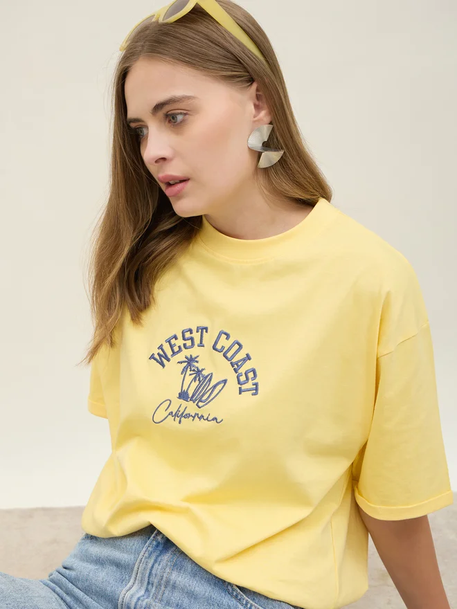 Styli Styli Oversized West Coast Embroidered Roll-Up Sleeves T-Shirt