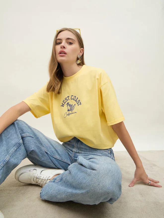 Styli Styli Oversized West Coast Embroidered Roll-Up Sleeves T-Shirt