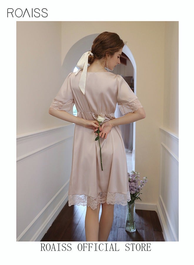 roaiss Silk Satin Nightdress Women's Short Sleeves Lace Pajamas Shirt Dress Soft Sweet Lingerie Dress Ladies Nightgown Sleepwear Mid Length Casual Loose Thin Loungewear Light Pink  - Image 4