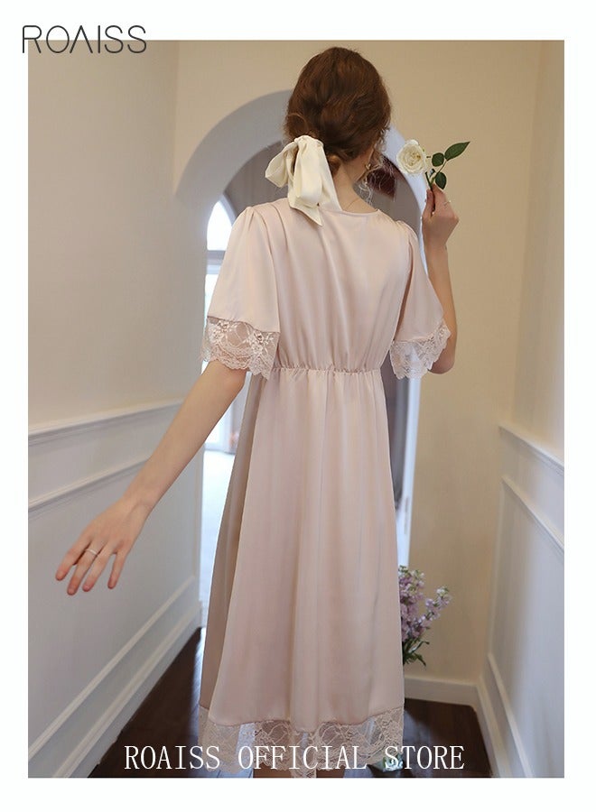 roaiss Silk Satin Nightdress Women's Short Sleeves Lace Pajamas Shirt Dress Soft Sweet Lingerie Dress Ladies Nightgown Sleepwear Mid Length Casual Loose Thin Loungewear Light Pink  - Image 3