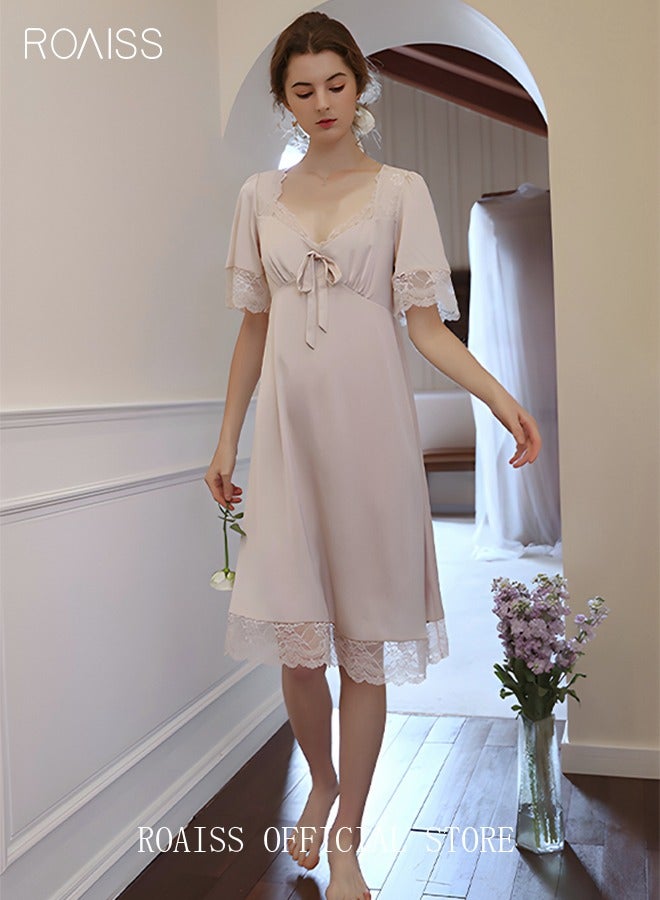 roaiss Silk Satin Nightdress Women's Short Sleeves Lace Pajamas Shirt Dress Soft Sweet Lingerie Dress Ladies Nightgown Sleepwear Mid Length Casual Loose Thin Loungewear Light Pink  - Image 1