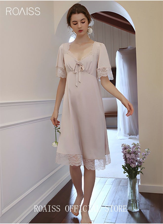 Silk Satin Nightdress Women's Short Sleeves Lace Pajamas Shirt Dress Soft Sweet Lingerie Dress Ladies Nightgown Sleepwear Mid Length Casual Loose Thin Loungewear Light Pink - pzsku/ZA1F6ECADD02E4244C745Z/45/_/1704951492/22540334-96cd-466f-a468-92bfe520388b