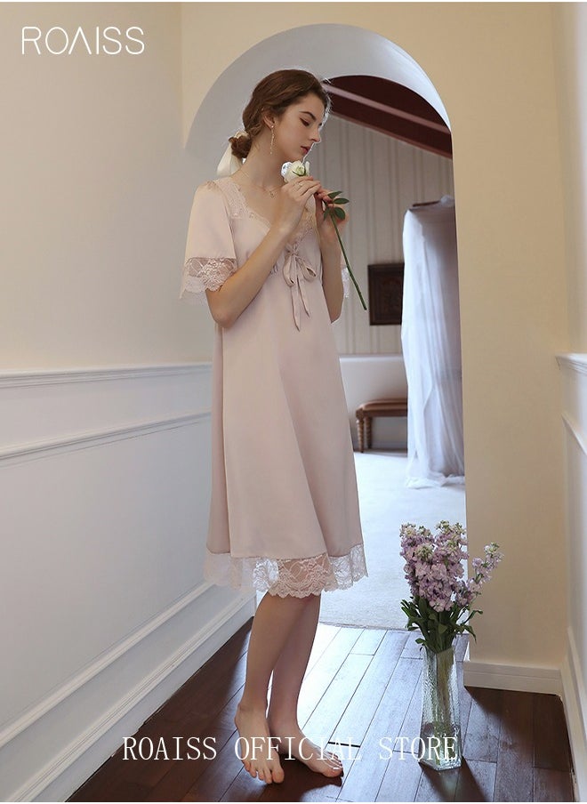 Silk Satin Nightdress Women's Short Sleeves Lace Pajamas Shirt Dress Soft Sweet Lingerie Dress Ladies Nightgown Sleepwear Mid Length Casual Loose Thin Loungewear Light Pink - pzsku/ZA1F6ECADD02E4244C745Z/45/_/1704951548/51f05093-19a6-4adf-8d69-222ee90f1de1