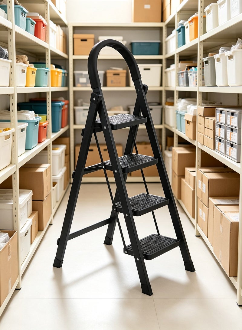 Nazara 4-Step Folding Ladder, Metal, Black - Image 1