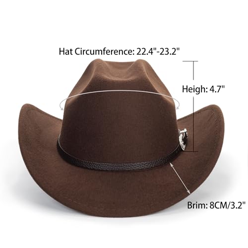 Eohak Womens Western Cowboy Hats Studded Pinched Western Cowgirl Hats Wide Brim Fedoras Hat with Belt Buckle (Size:Medium) Coffee - Image 3