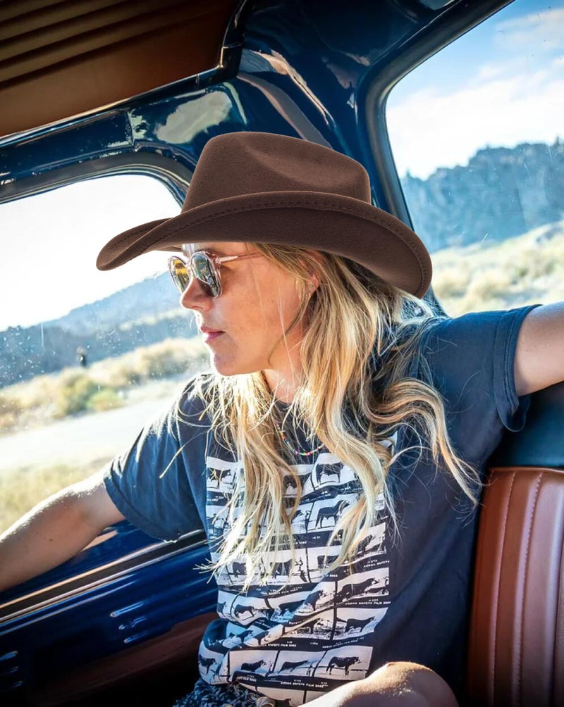 Eohak Womens Western Cowboy Hats Studded Pinched Western Cowgirl Hats Wide Brim Fedoras Hat with Belt Buckle (Size:Medium) Coffee - Image 2