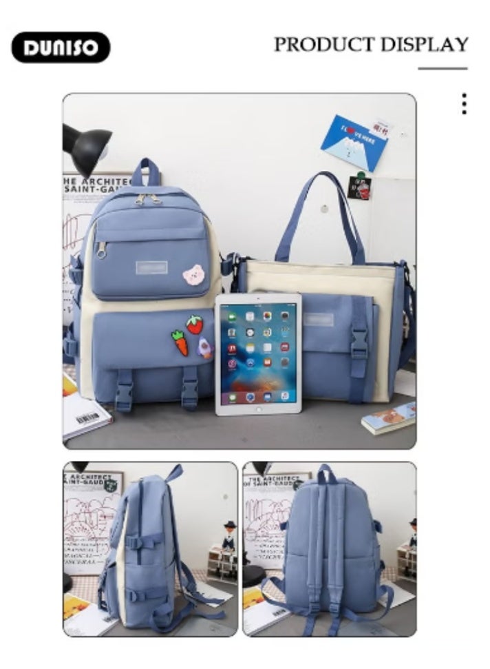 DUNISO Blue - White Color - Blocking Cute Schoolbag 4 - Piece Set | Adorable Accessories, Practical and Eye - Catching - Image 2
