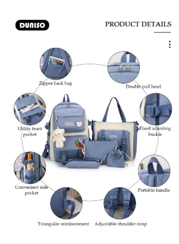 DUNISO Blue - White Color - Blocking Cute Schoolbag 4 - Piece Set | Adorable Accessories, Practical and Eye - Catching - Image 4