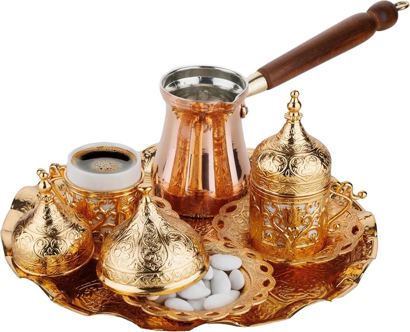 DEMMEX Turkish Greek Arabic Coffee Making and Serving Full Set with Cups Saucers Lids Sugar Bowl Tray and Copper Coffee Pot, Hand Decorated with Gold Crystals, 12 Pcs (Gold) - Image 1