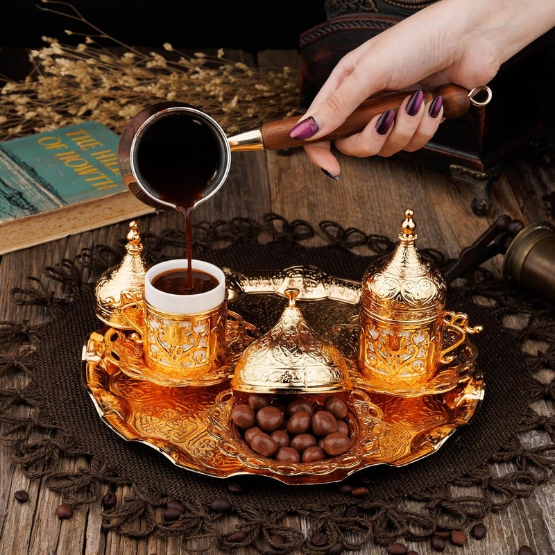 DEMMEX Turkish Greek Arabic Coffee Making and Serving Full Set with Cups Saucers Lids Sugar Bowl Tray and Copper Coffee Pot, Hand Decorated with Gold Crystals, 12 Pcs (Gold) - Image 3