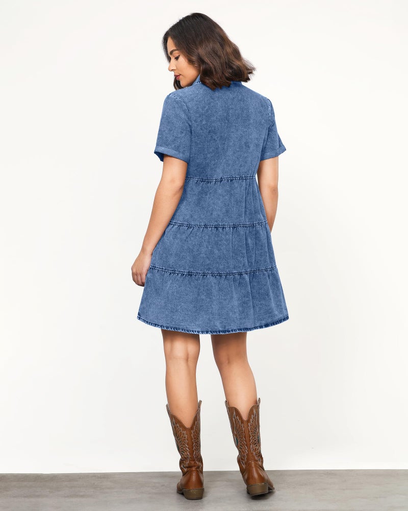 LookbookStore Denim Dress for Women Short Sleeve Summer Dresses Button Down Flowy Tiered Babydoll Jean Dress Medium Blue Size Medium - Image 3