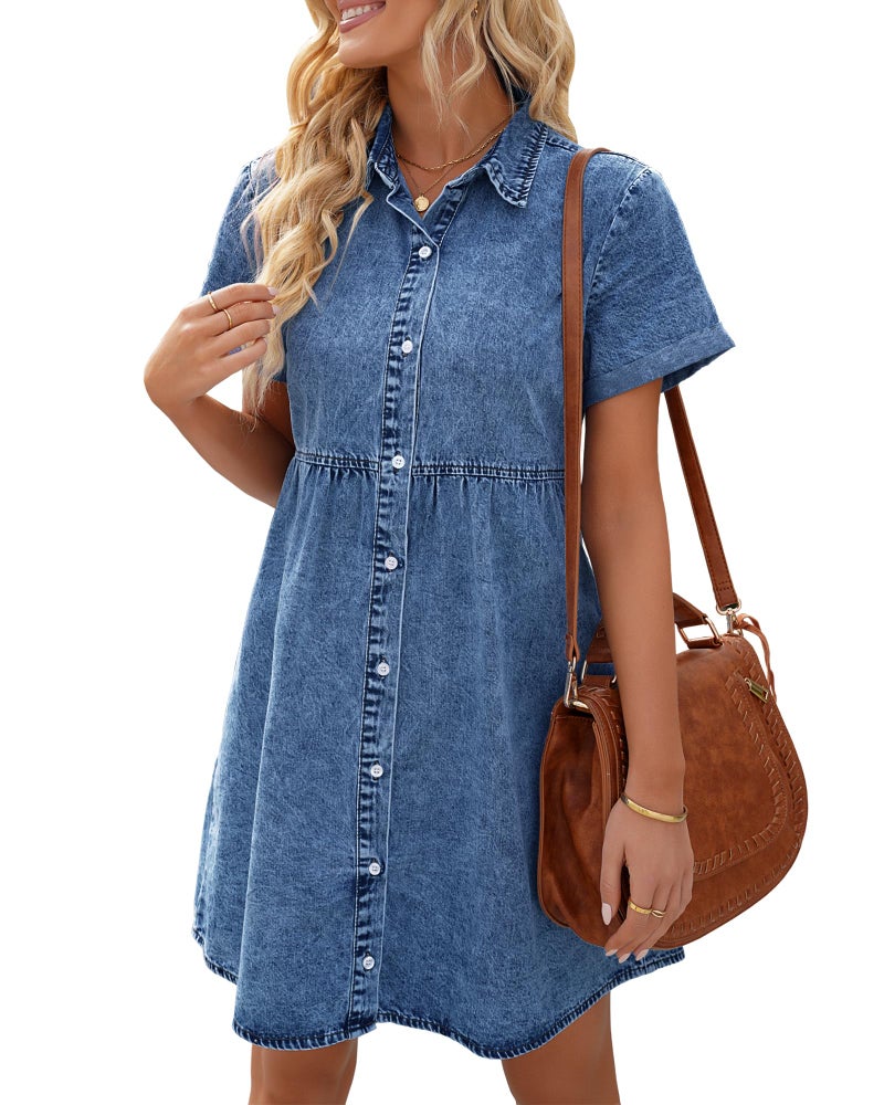 LookbookStore Denim Dress for Women Short Sleeve Summer Dresses Button Down Flowy Tiered Babydoll Jean Dress Medium Blue Size Medium - Image 1