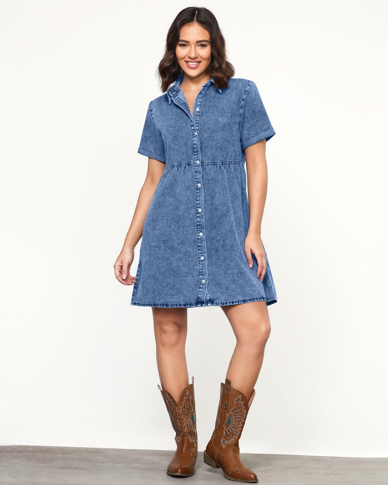 LookbookStore Denim Dress for Women Short Sleeve Summer Dresses Button Down Flowy Tiered Babydoll Jean Dress Medium Blue Size Medium - Image 4