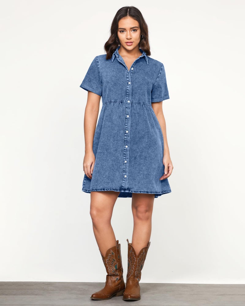 LookbookStore Denim Dress for Women Short Sleeve Summer Dresses Button Down Flowy Tiered Babydoll Jean Dress Medium Blue Size Medium - Image 2