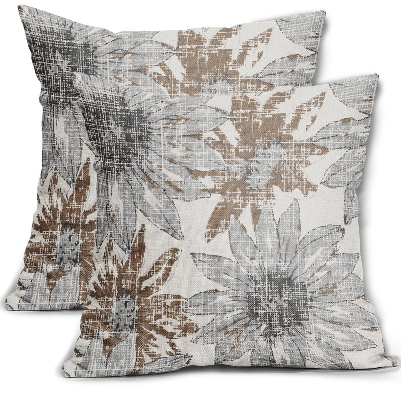 Sweetshow Brown Grey Gray Pillow Covers 20x20 Set of 2 Retro Sunflower Flowers Print Decorative Throw Pillows Outdoor Modern Art Floral Pillowcase Square Linen Cushion Case for Home Sofa Couch Bed - Image 1