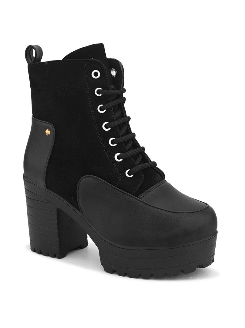 XE Looks 100% Vegan Leather women's Lace-Up Ankle Boots with Chunky Block Heel, Faux Leather and Suede Combination, Stylish and Durable for Girls & Women - Image 5