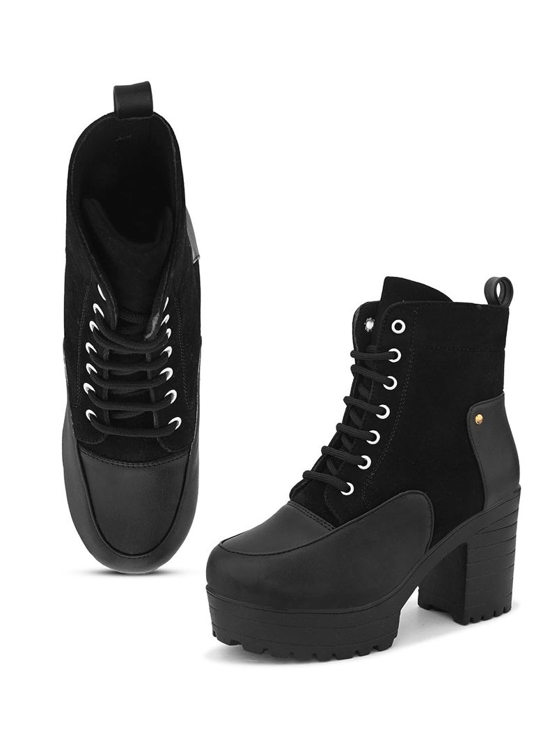 XE Looks 100% Vegan Leather women's Lace-Up Ankle Boots with Chunky Block Heel, Faux Leather and Suede Combination, Stylish and Durable for Girls & Women - Image 1