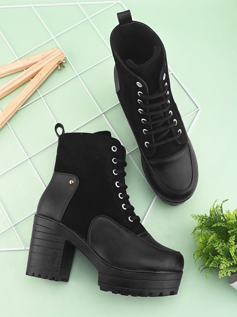XE Looks 100% Vegan Leather women's Lace-Up Ankle Boots with Chunky Block Heel, Faux Leather and Suede Combination, Stylish and Durable for Girls & Women - Image 2