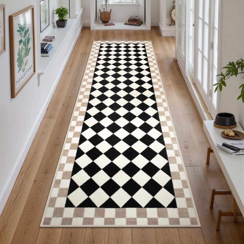 Morebes Checkered Rug Runner for Kitchen, 2x7 Black Washable Runner Rug for Hallway Non-Slip, Checkerboard Soft Indoor Bedroom Carpet Runners for Entryway Bathroom Nursery - Image 1
