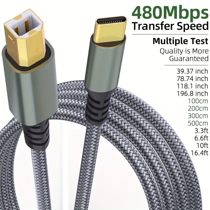 كابل طابعة USB-C رمادي 10 أقدام، مضفر بالنايلون، قابس مطلي بالذهب، للاستخدام مع الكمبيوتر والبيانو الرقمي والطابعة - Image 3