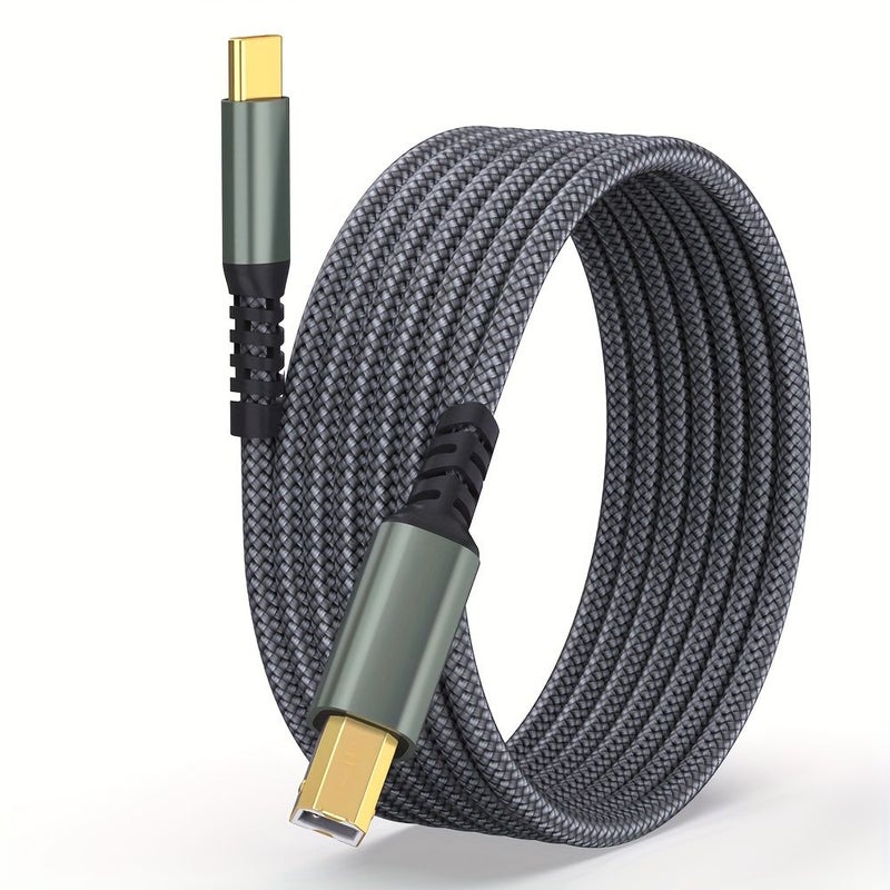 كابل طابعة USB-C رمادي 10 أقدام، مضفر بالنايلون، قابس مطلي بالذهب، للاستخدام مع الكمبيوتر والبيانو الرقمي والطابعة - Image 1