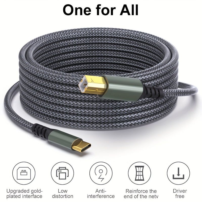 كابل طابعة USB-C رمادي 10 أقدام، مضفر بالنايلون، قابس مطلي بالذهب، للاستخدام مع الكمبيوتر والبيانو الرقمي والطابعة - Image 4