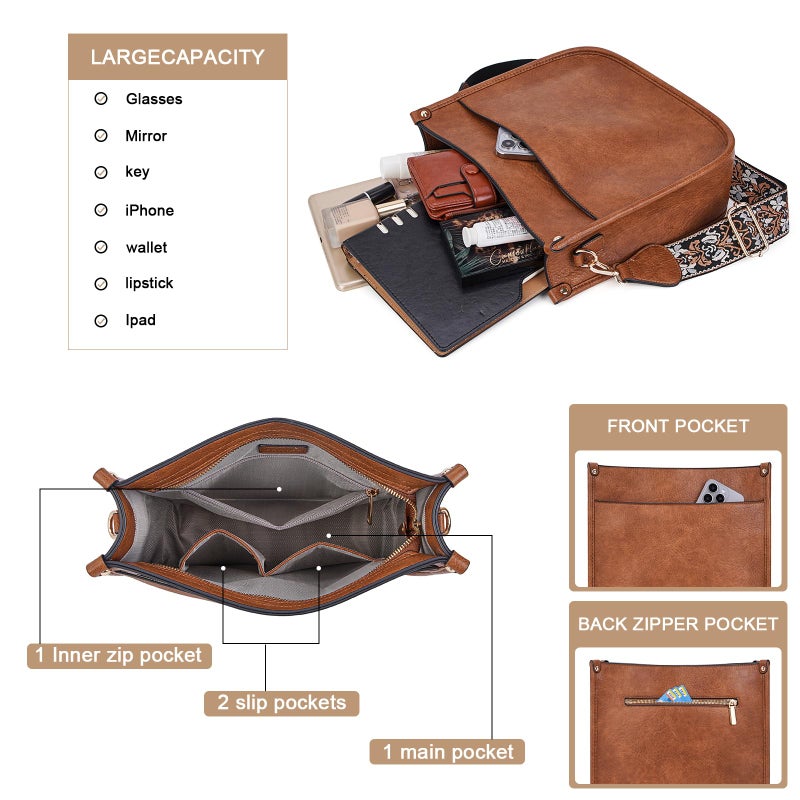 Caitina Crossbody Bag For Women Vegan Leather Hobo Handbags Designer Crossbody Purses Bucket Bag For Women with 2 Adjustable Strap(Brown) - Image 4