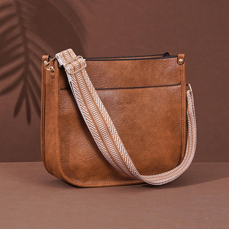 Caitina Crossbody Bag For Women Vegan Leather Hobo Handbags Designer Crossbody Purses Bucket Bag For Women with 2 Adjustable Strap(Brown) - Image 3