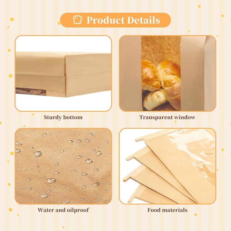 MOPKIUTR 120 Pack Large Kraft Paper Bread Loaf Bag with Tin Tie Tab Lock ，for Homemade Bread Loaf Bags 14" x 8.3" x 3.5"，Sourdough Bread Bags with Clear Front Window for Baked Food Packaging Storage. (120) - Image 4