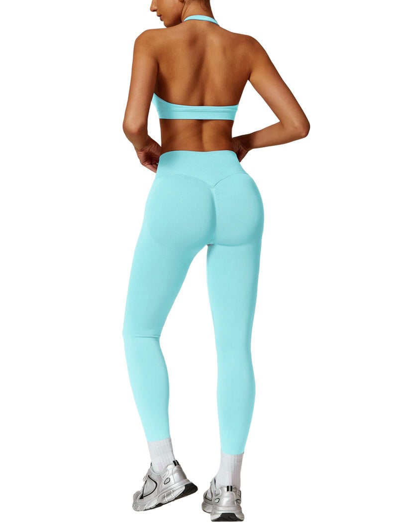 ABOCIW Workout Sets for Women Seamless High Waist Scrunch Butt Lifting Gym Leggings Yoga Pants Halter Sports Bra Yoga Exercise 2 Piece Outfits Mint Green Small