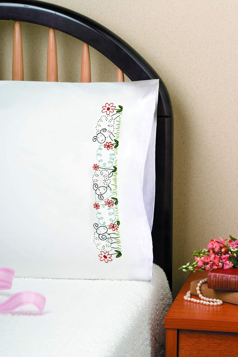 Tobin T232113 Stamped Pillowcase Pair Embroidery Kit Sheep White 30x40