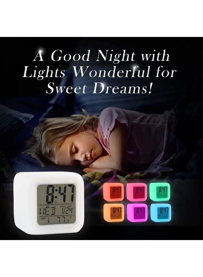 ساعة منبه رقمية LED مضيئة متعددة الألوان بتصميم مكعب عصري أنيق لسطح المكتب وغرف النوم، شاشة عرض رقمية للوقت والتاريخ ودرجة الحرارة مع 7 ألوان إضاءة متغيرة ووضع النوم الذكي تعمل بالبطارية - Image 3