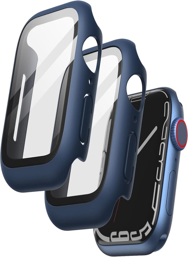 Next Next Store 2 Pack Watch Case Compatible with iWatch Series 7 45mm with Built-in Screen Protector, High Sensitivity Tempered Glass Full Coverage Protective Case (Blue)