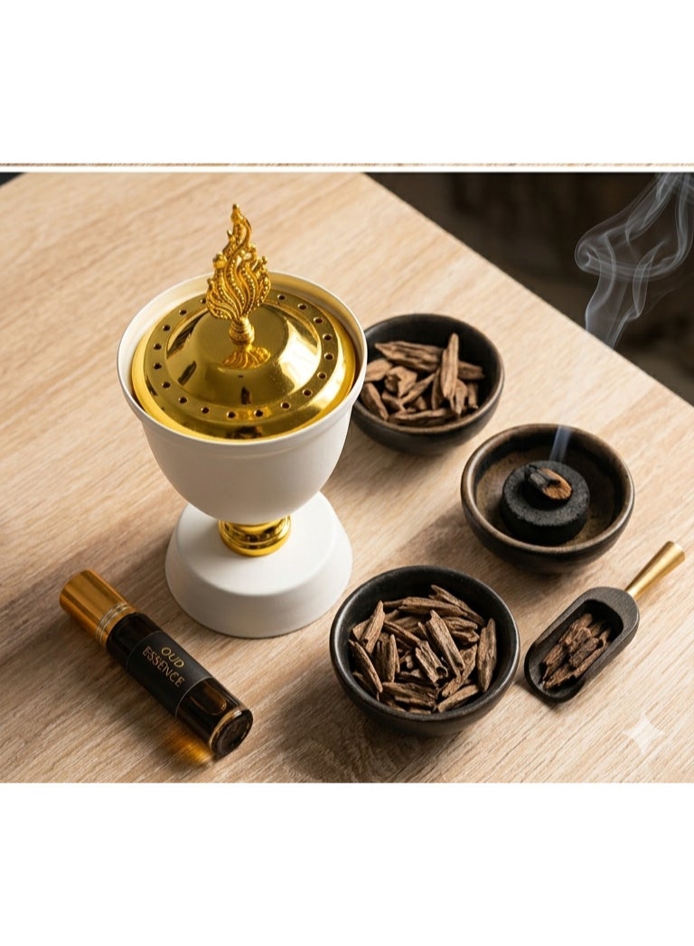 مبخرة مودرن ملكية أبيض في ذهبي مع غطاء مفرغ - تصميم أسطواني فاخر للمنزل والمجالس - قاعدة ثابتة مانعة للانزلاق - مثالية للهدايا والمناسبات. - Image 2