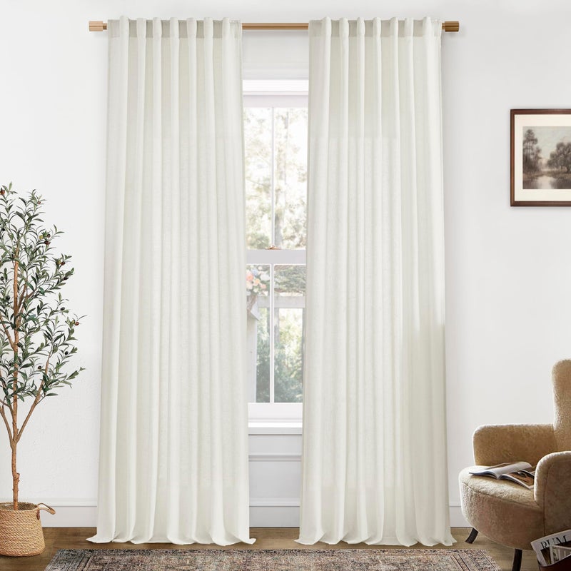 PANELSBURG 86 Inch Curtains Back Tab Light Filtering Linen Semi Sheer Curtains 86 Inches Long for Living Room 2 Panels Set Cream Ivory - Image 1